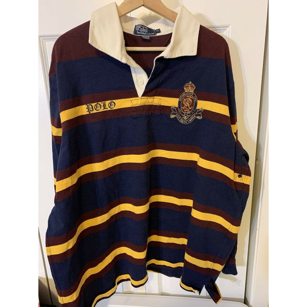 Vtg Polo Ralph Lauren Men’s Sz XL‎ Striped Polo Rugby Shirt Heavy No 8 Colorful - Picture 3 of 10